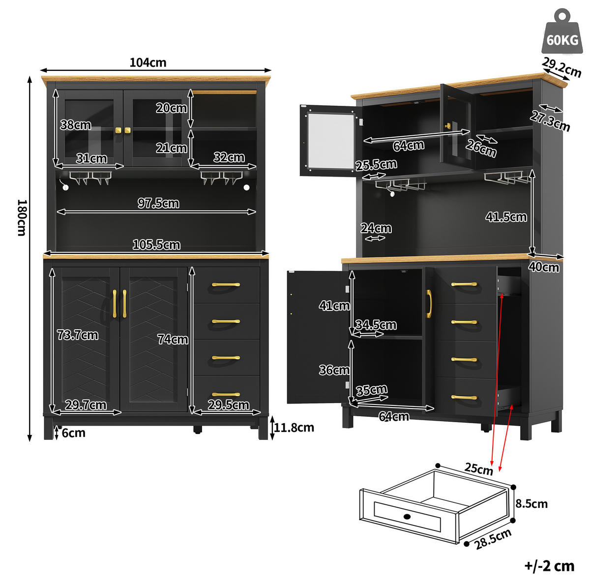 BUFFETSCHRANK 105,5/40/180 cm schwarz aus MDF mit LED-Lichtleiste - Schwarz, Holzwerkstoff (105.5/180/40cm) - OKWISH