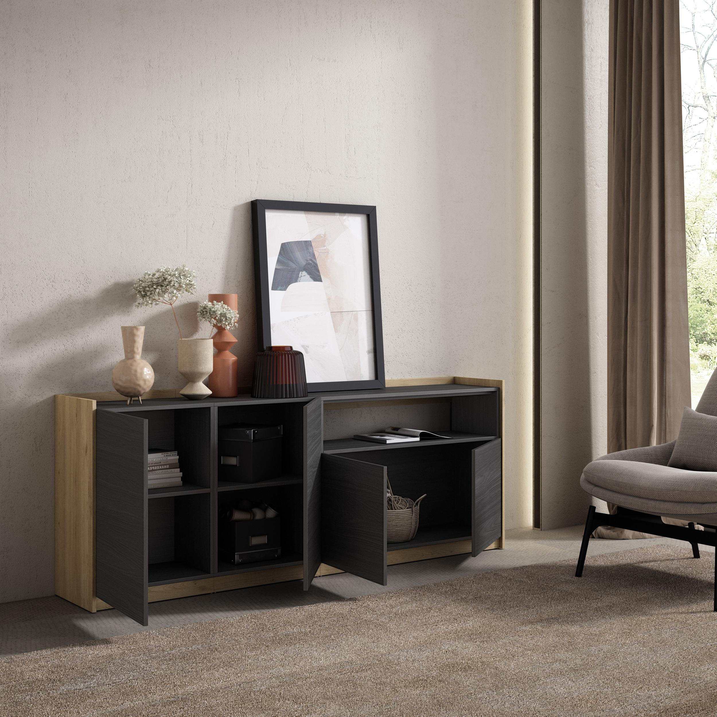 SIDEBOARD, Highboard, Schwarz Eiche, 207/37/80cm - Schwarz, Holzwerkstoff (207/80/37cm) - Skraut Home