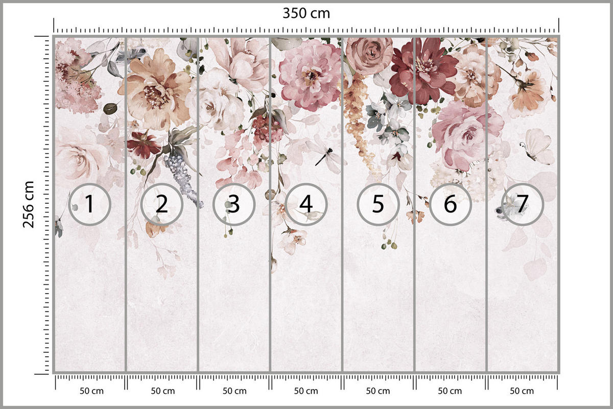 FOTOTAPETE für Schlafzimmer Aquarell Bunte Blumen Ranken Blätter 350x256 - Rot/Rosa, Papier (350/256cm) - Muralo