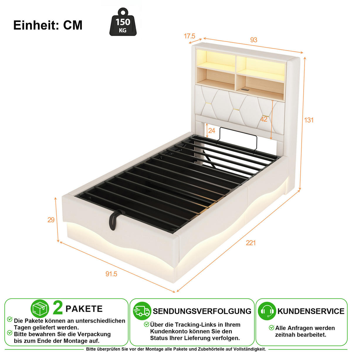 KINDERBETT 90/200 cm in Beige mit Stauraum, LED und USB Leinenstoff - Beige, Holzwerkstoff/Textil (90/200cm) - CHICFURN