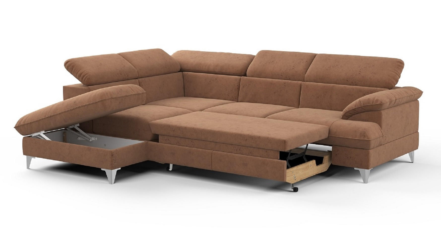 ECKSOFA mit Schlaffunktion und Bettkasten, verstellbare Kopfstützen - Chromfarben/Braun, Textil/Metall (256/208cm) - Cotta