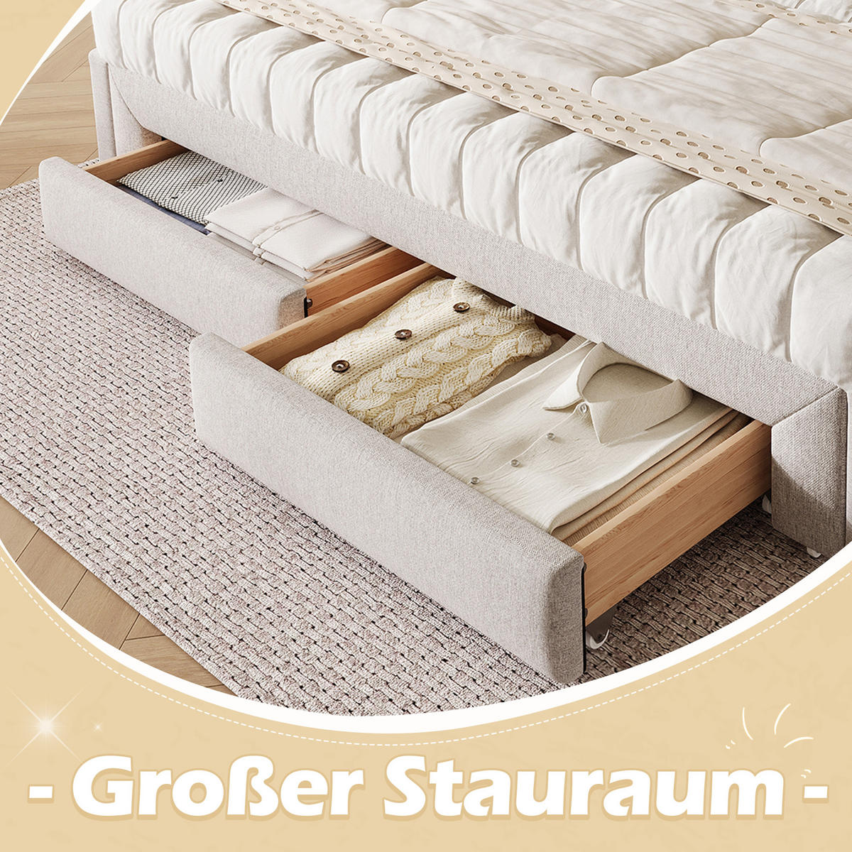 TAGEBETT 90x200cm Beige quadratische Rückenlehne Ausziehbett 2 Schubladen - Beige, Holz (90/200cm) - FLIEKS