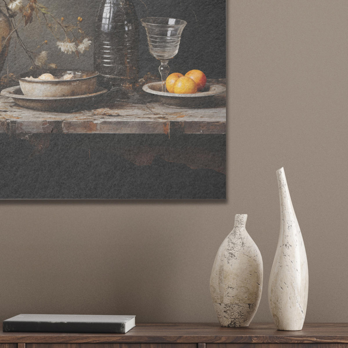 AKUSTICKÝ OBRAZ Zátišie - Kvety - Kytica - Váza - Víno 60x60 cm - čierna, plast (60/60/0.9cm) - MuchoWow