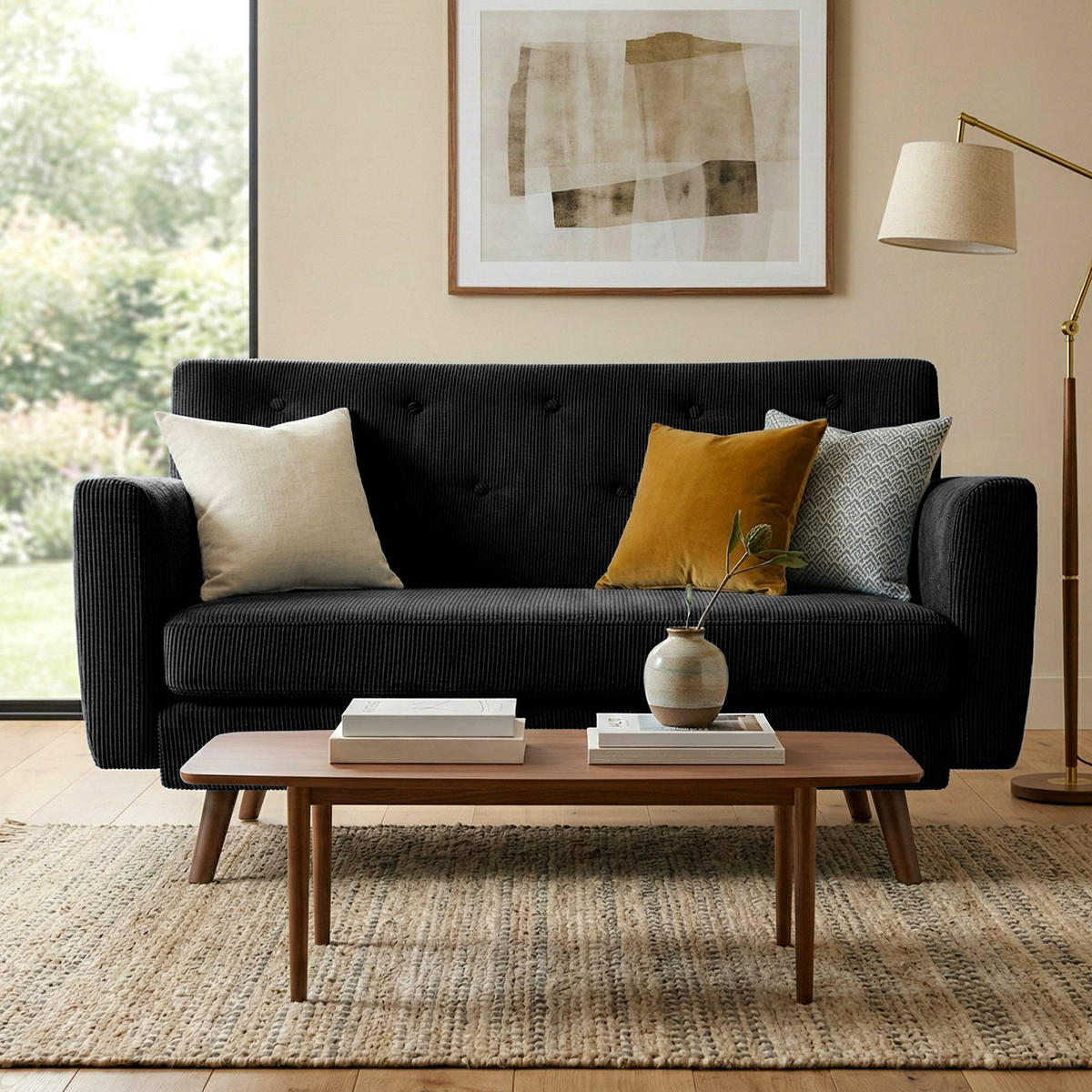 SOFA Arne Cord 2-Sitzer 120x74x81cm Cord Schwarz Couch - Schwarz, Kunststoff (120/81/74cm) - DELUKE