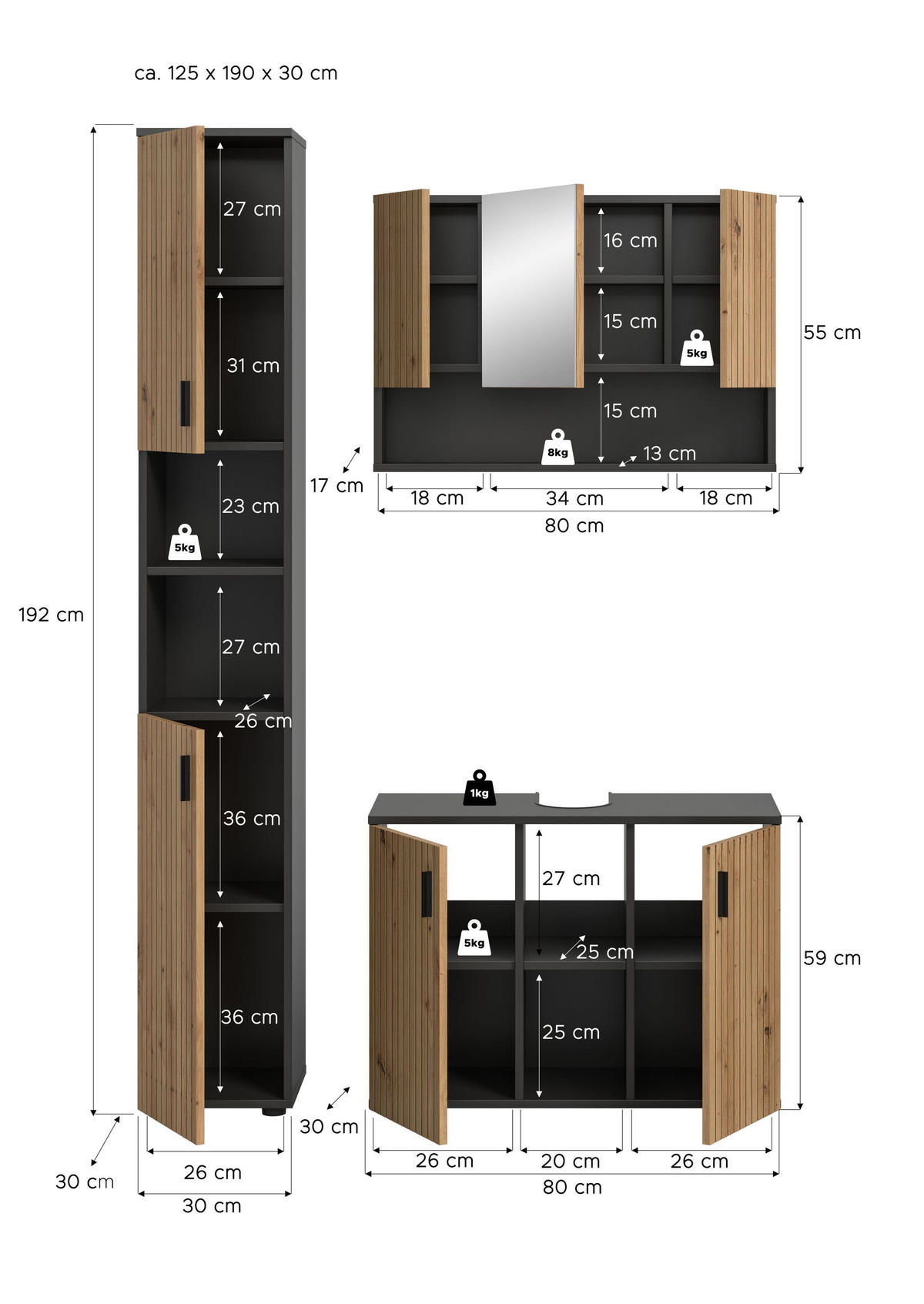 BADEZIMMER Mira 3-tlg. (B/H/T: ca. 125/192/30 cm) in Basalt grau/Artisan Oak - Grau, Holzwerkstoff (125/192/30cm)