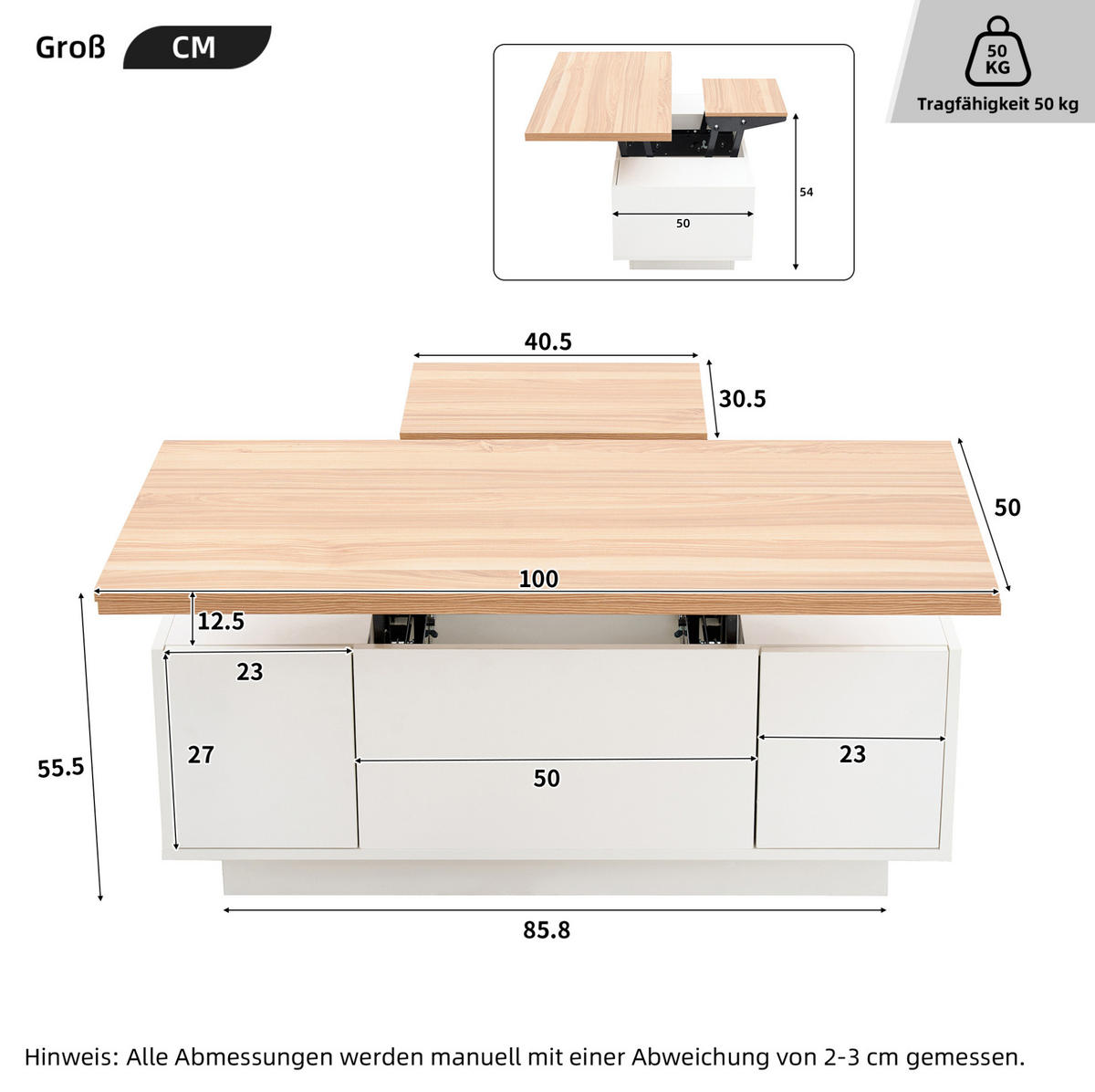 COUCHTISCH 100/50 cm mit Doppel-Hebemechanismus und Stauraum in Weiß - Weiß, Holzwerkstoff (100/50/40cm) - Flora Grace