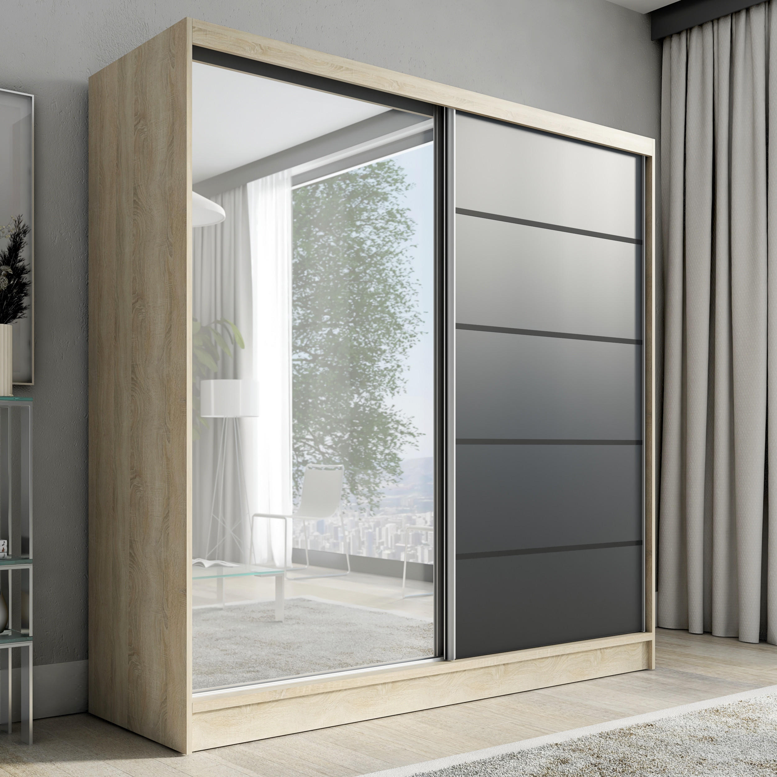 A&J MöbelLand Schwebetürenschrank Braun, Schwarz 200x215x60 cm