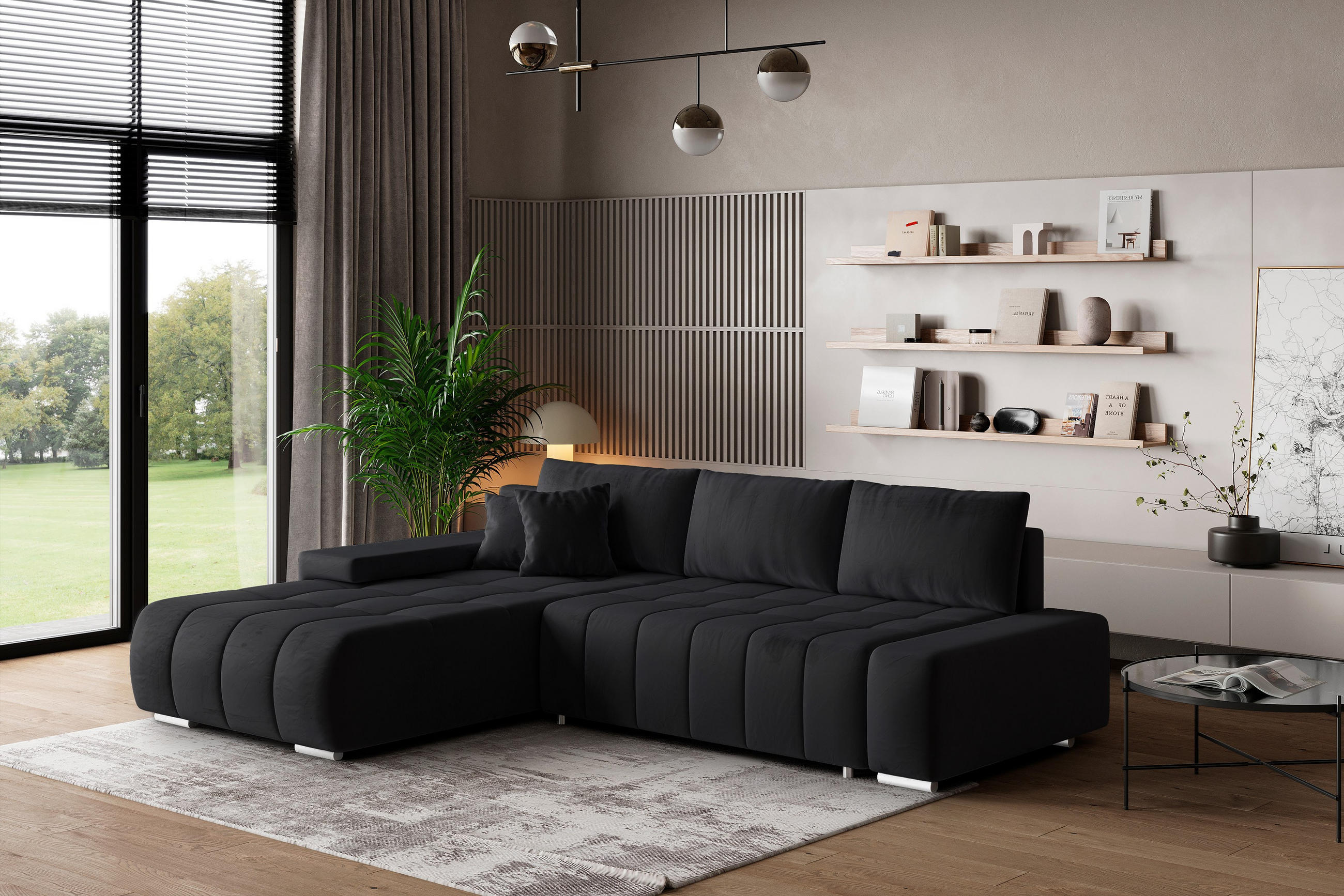 ECKSOFA ALESE L-S Schwarz Velours-Stoff mit Schlaffunktion - Schwarz, Holz (265/185cm) - MASSENO