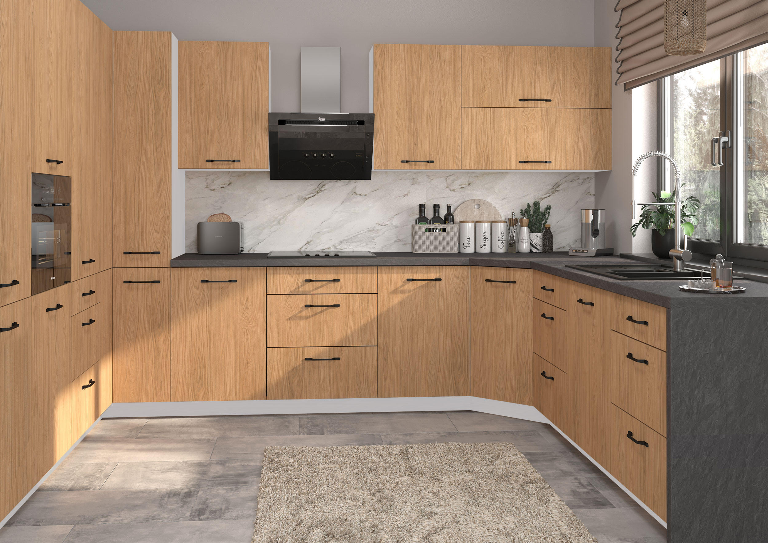 KÜCHENZEILE Casella 15-teilig Grau / Casella Eiche Natur - Braun/Grau, Holzwerkstoff/Metall (360/207/270cm) - Feldmann-Wohnen