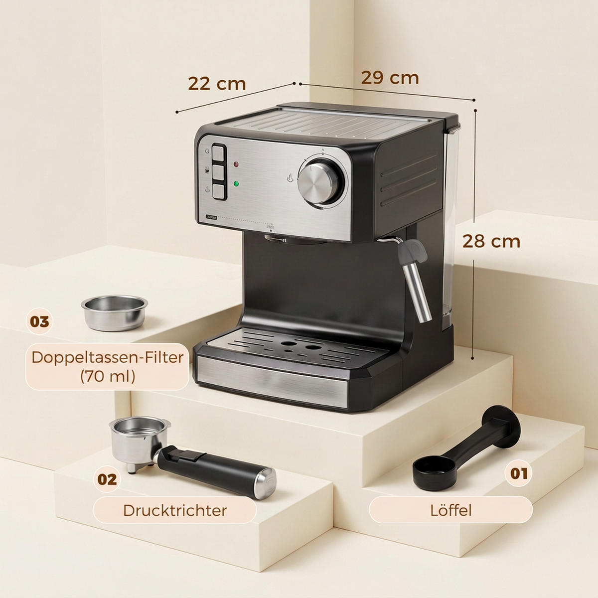 KAFFEBRYGGARE i rostfritt stål, svart - Svart, Metall (22/28/29cm) - HOMCOM