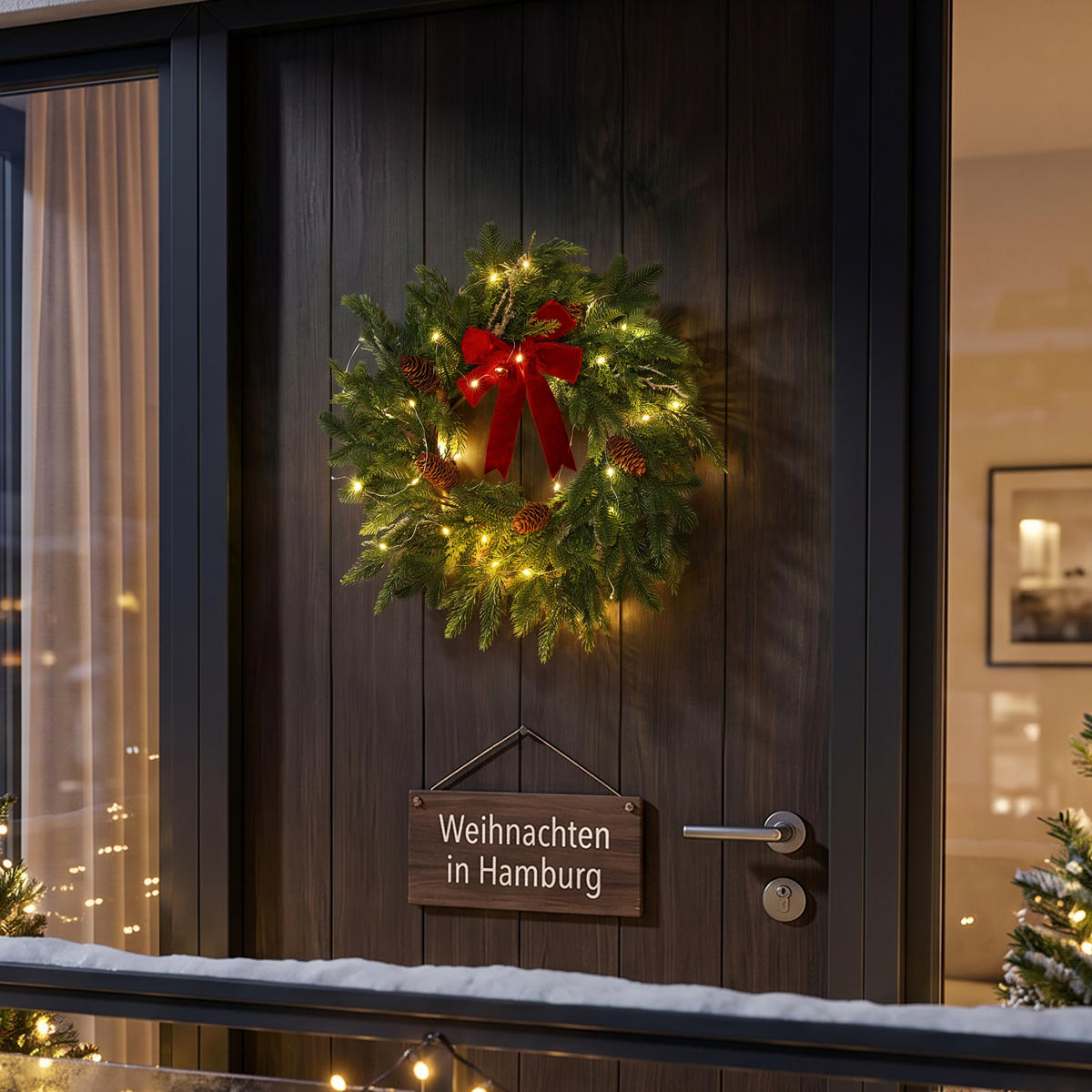 RUNDER Weihnachtskranz Ø45cm mit roter Schleife, 25 LEDs,Timer - Dunkelgrün, Naturmaterialien (45cm) - Hometopia