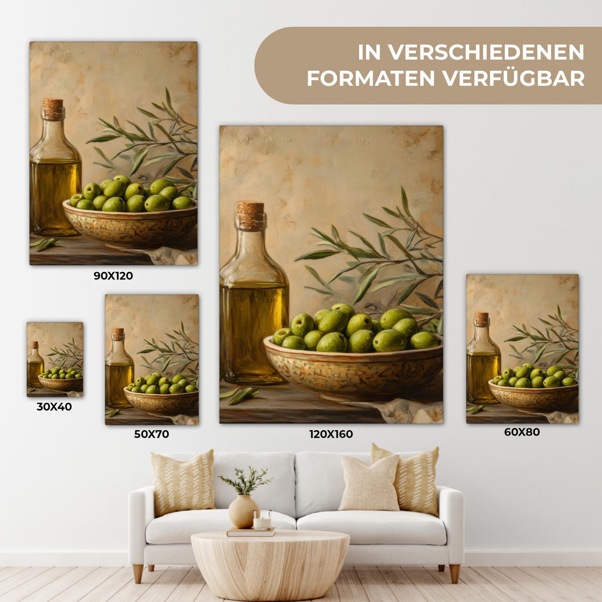 LEINWANDBILD Oliven - Stilleben - Vintage 60x80 cm - Olivgrün, Textil (60/80cm) - MuchoWow