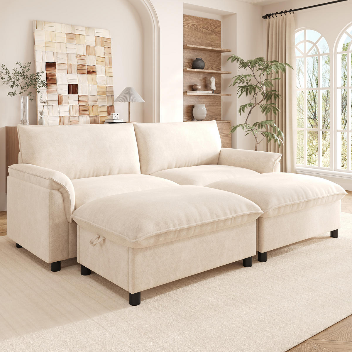 WOHNLANDSCHAFT mit 2 Aufbewahrungs-Ottomane 216/142/82 cm Beige - Beige, Textil (77/82/216cm) - Oxeza