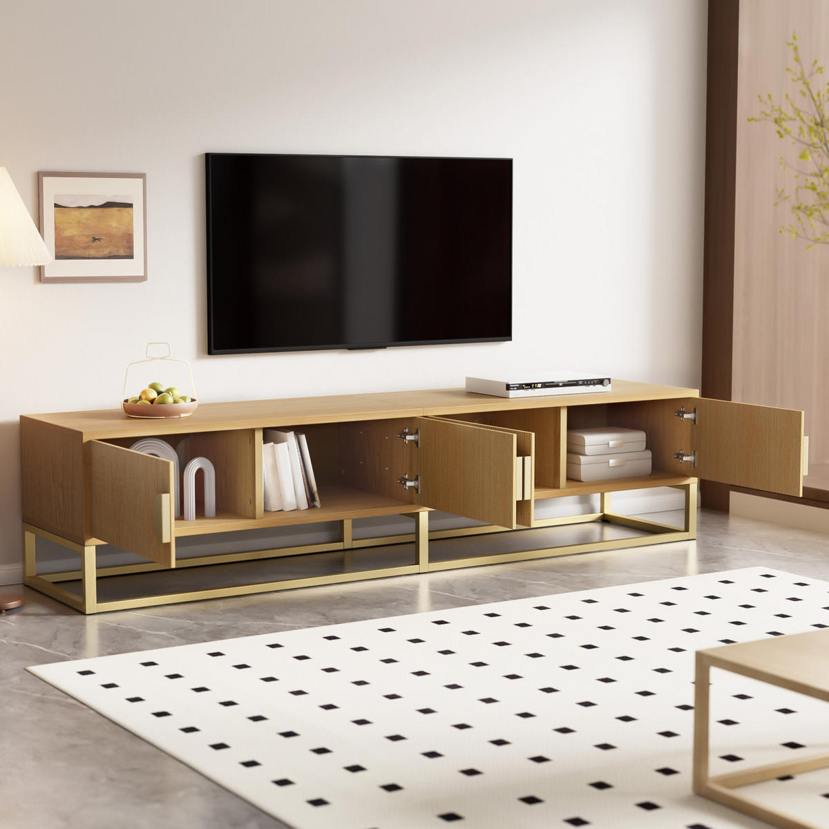 TV Lowboard 180 cm, 4 Türen, halbrunde Griffe, Holz - Braun, Holz (180/40/40cm)