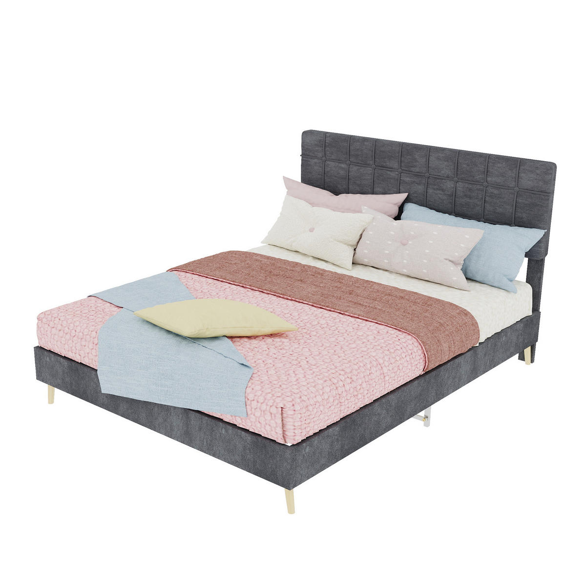 POLSTERBETT 140/200 cm DE-32955 mit Karosteppung-Kopfteil und Matratze Grau - Grau, Metall (140/200cm) - ComfortXL