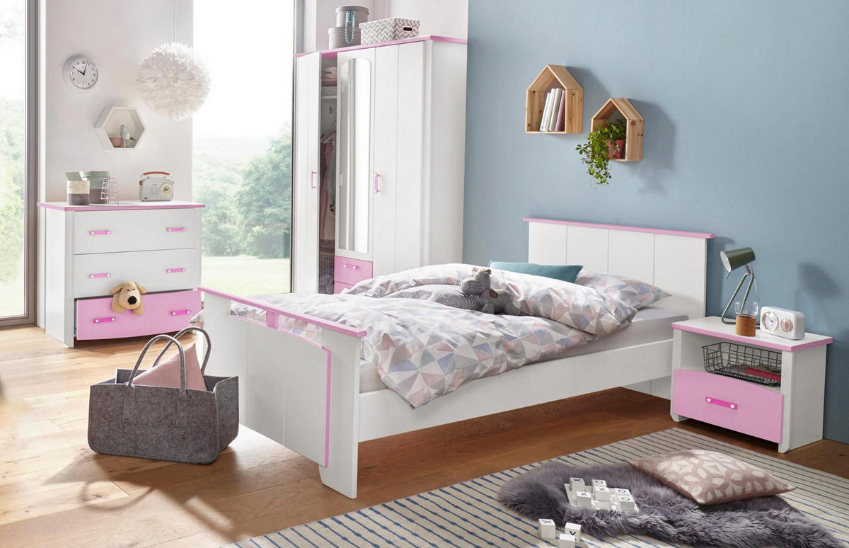 KINDERZIMMER Set 4-tlg Kommode Schreibtisch Bett 90 x 200 cm - Weiß/Rosa, Holz/Holzwerkstoff (90/79/200cm) - Parisot Meuble