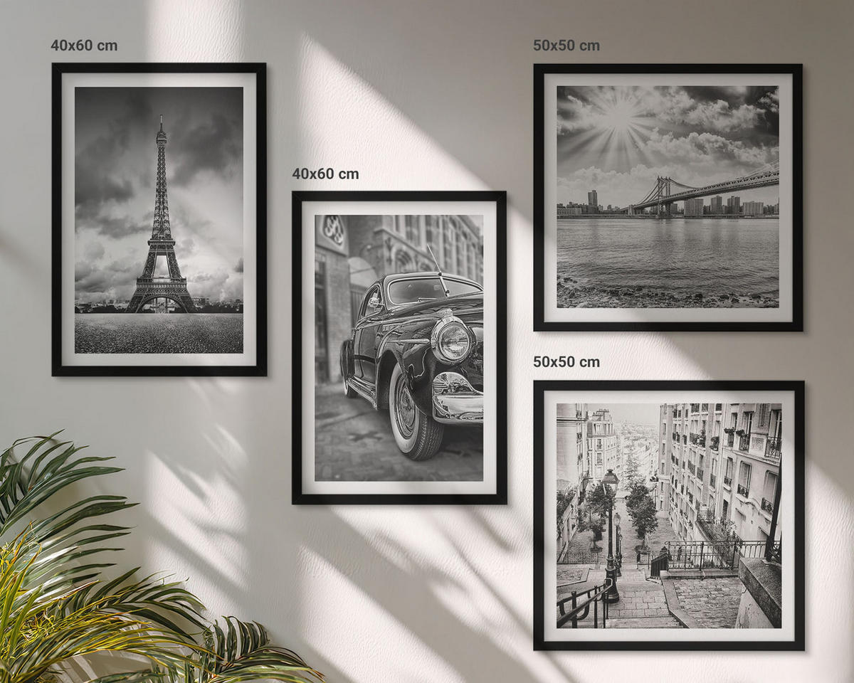 BILDER SET 4er Set - 50x50 cm & 40x60 cm Schwarzer Rahmen - Stadtansichten, Brücken, Eiffelturm, Auto - Schwarz, Kunststoff (50/50cm) - TULUP