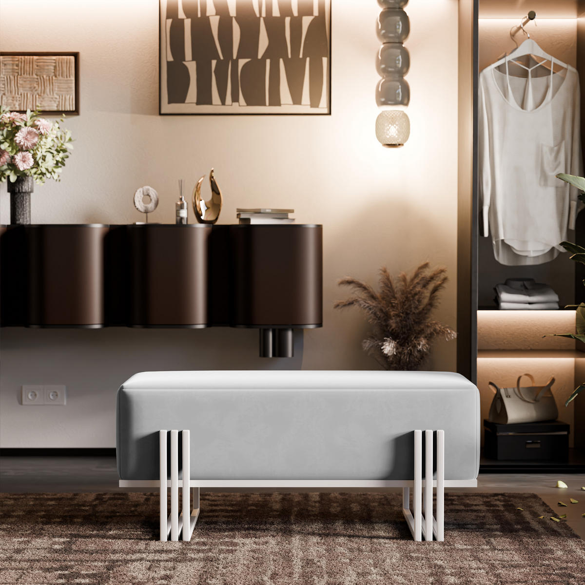 POLSTERBANK TEO 80 cm Weiß / Grau ,Metallgestell - Grau, Metall (80/47/35cm) - Idohome