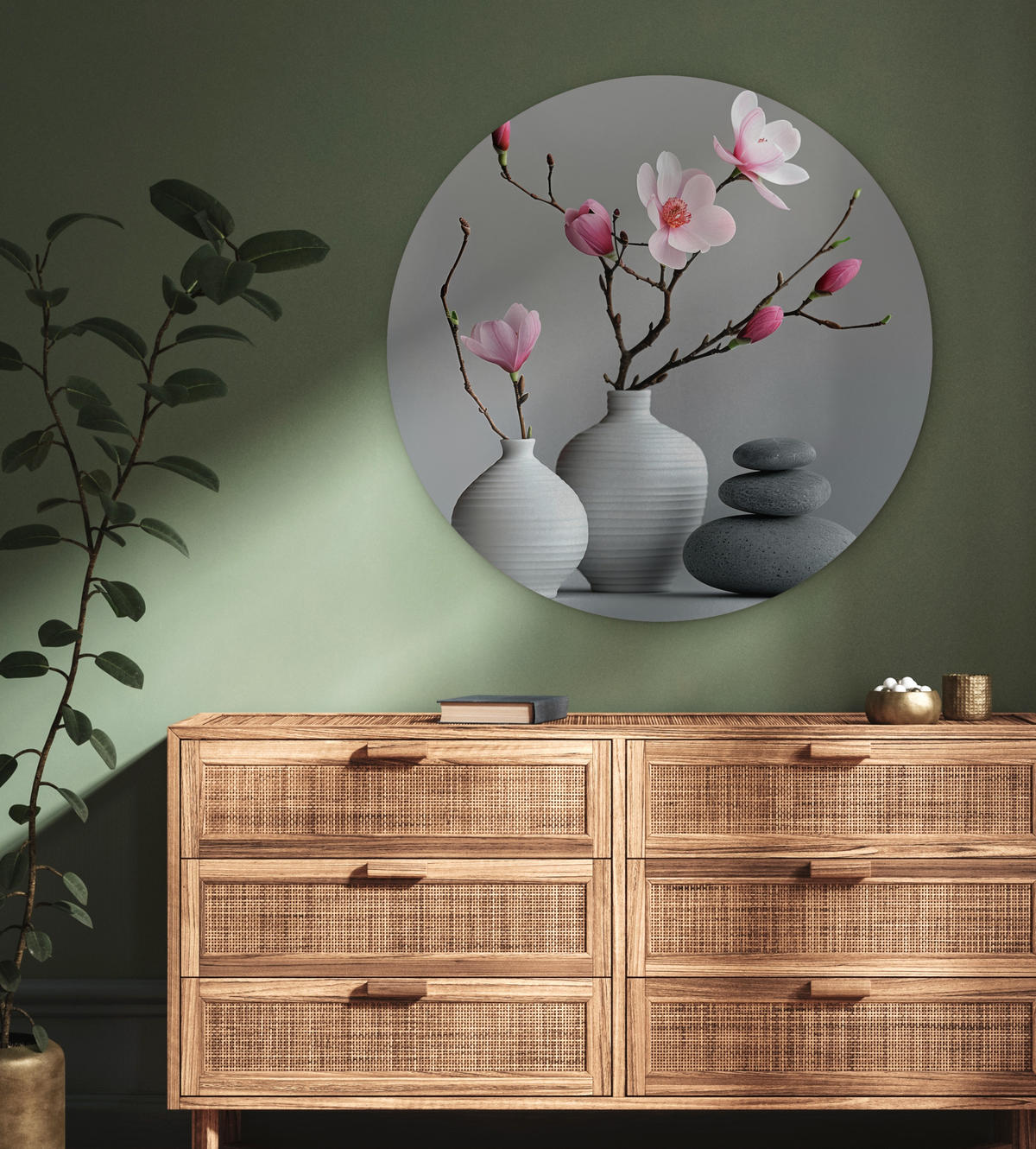 WANDBILD Magnolie - Blumen - Rosa - Zen-Steine 90x90 cm - Hellgrau, Kunststoff (90/90cm) - MuchoWow