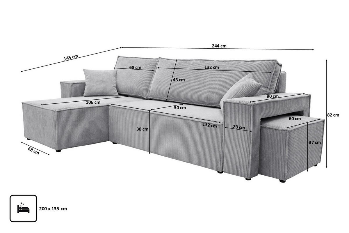 ECKSOFA Mit Schlaffunktion Und Pouf, Cordstoff Poso, Hellgrau, Links, Best L Mit Pouf - Hellgrau, Holz (244/145cm) - Kaiser Möbel