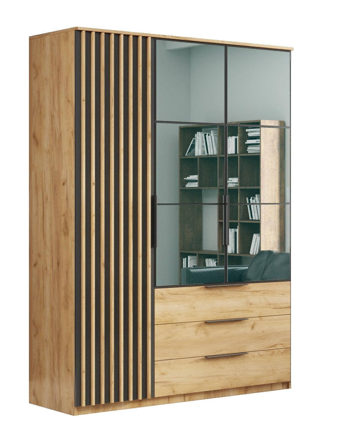 SCHIEBETÜRENSCHRANK Sorento Craft Gold Schwarz 150x61x215 cm mit Lamellen – Moderner Kleiderschrank mit Schwebetüren für Schlafzimmer - Goldfarben, Holzwerkstoff (150/215/61cm) - BM-Möbel