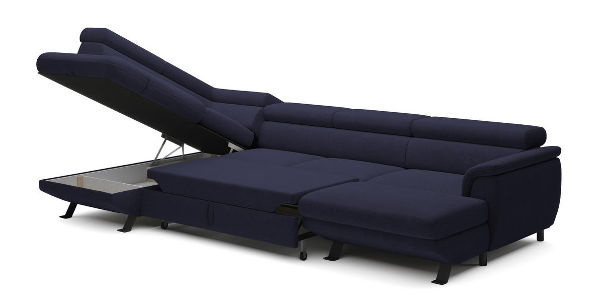 ECKSCHLAFSOFA Raven XL, Verstellbaren Kopfstützen, Bettkasten, Großes Sofa 334x198x162cm Linke, Meer - Pastellblau, Holz/Textil (198/334cm) - DomoHome