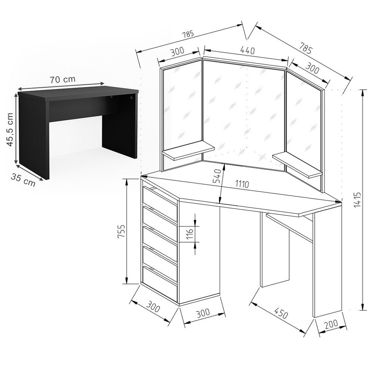 ECKSCHMINKTISCH Arielle Schwarz 110 cm mit Bank - Schwarz, Holzwerkstoff (110/141.5/54cm) - Vicco