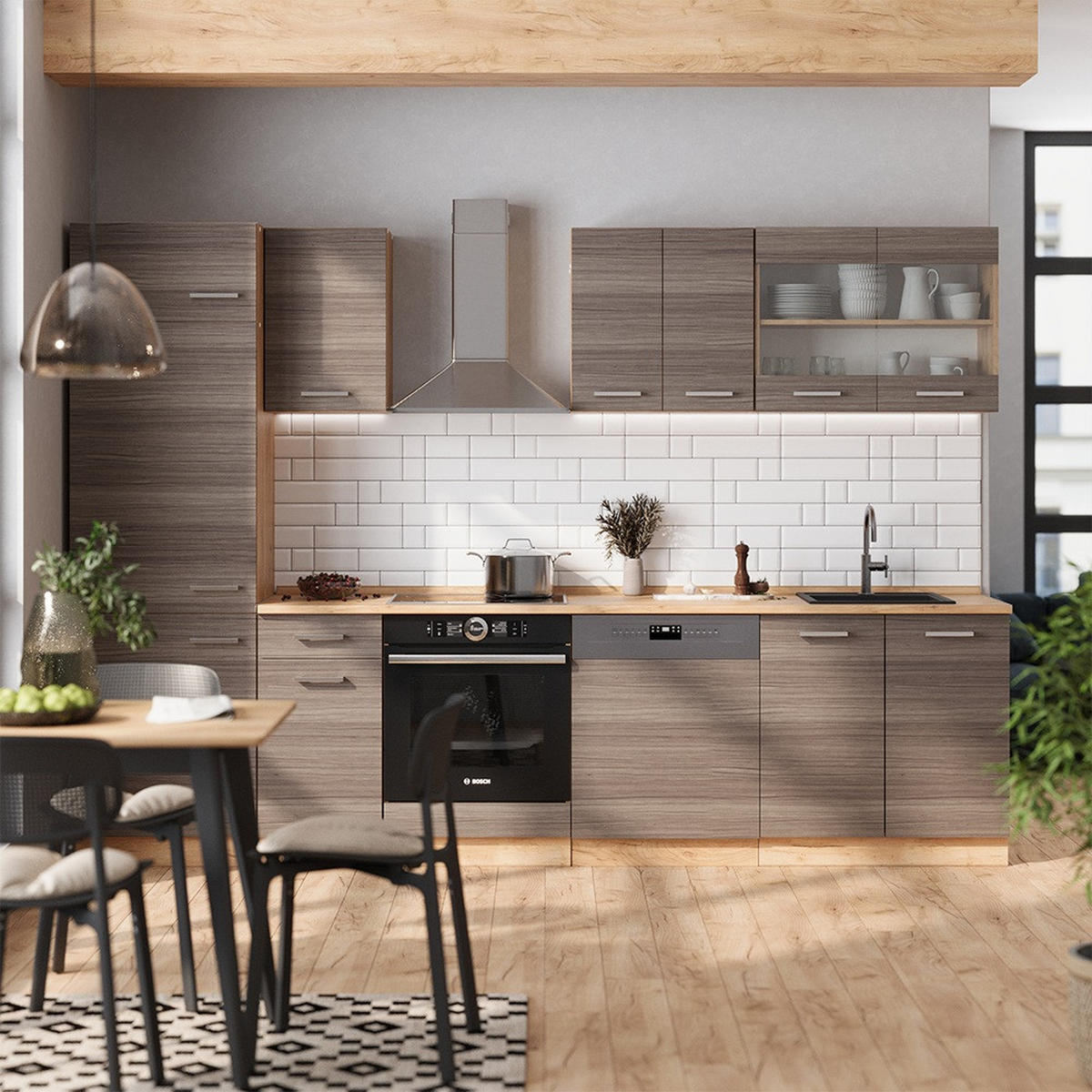 KÜCHENZEILE R-Line Edelgrau/Goldkraft Eiche 300 cm , AP Eiche - Honigeiche/Grau, Holzwerkstoff (300/81.6/60cm) - Vicco