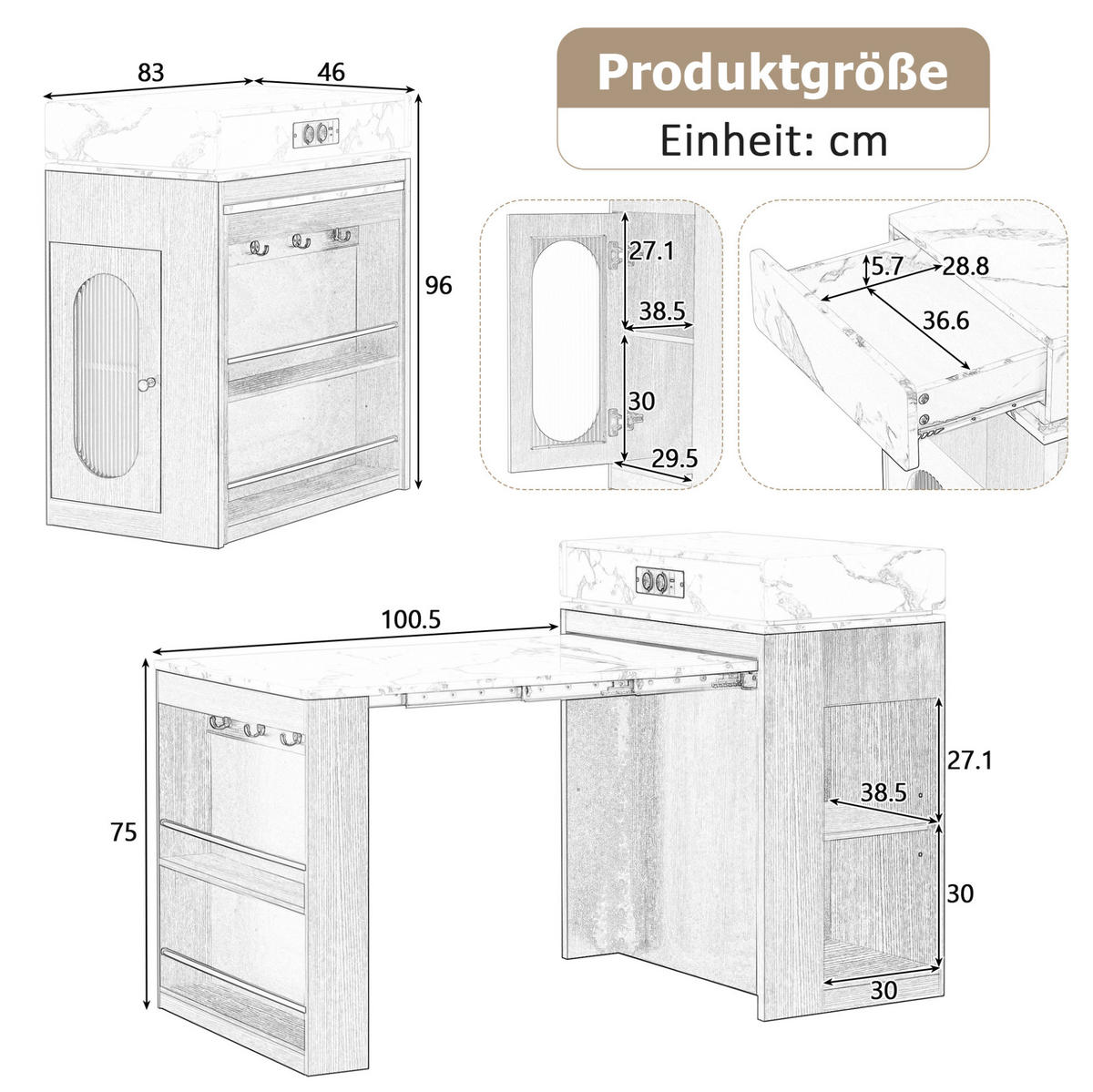 KÜCHENINSEL 83/46-146,5/96 cm weiß aus MDF mit ausziehbarer Klapptischplatte - Weiß, Holzwerkstoff (83/96/46cm) - OKWISH