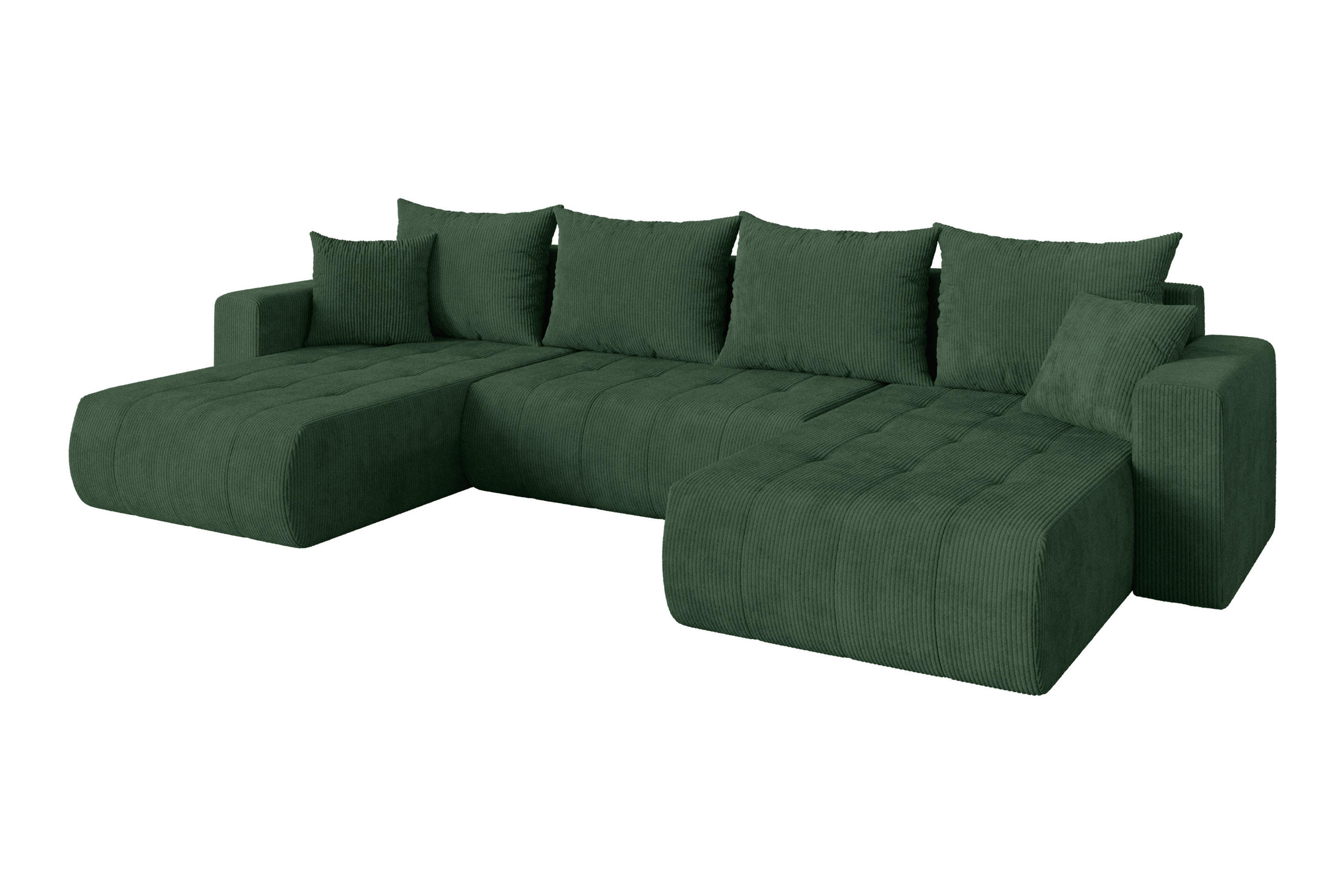 WOHNLANDSCHAFT mit Schlaffunktion und Bettkasten MILA-U 378x194x86 Grün Cord - Dunkelgrün/Schwarz, Holzwerkstoff/Kunststoff (378/86/194cm) - ALTDECOR