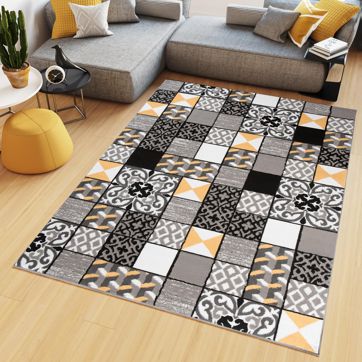 TEPPICH MAYA Gelb Mosaik Karo Floral 180/250 cm - Gelb, Textil (180/250cm) - Tapiso
