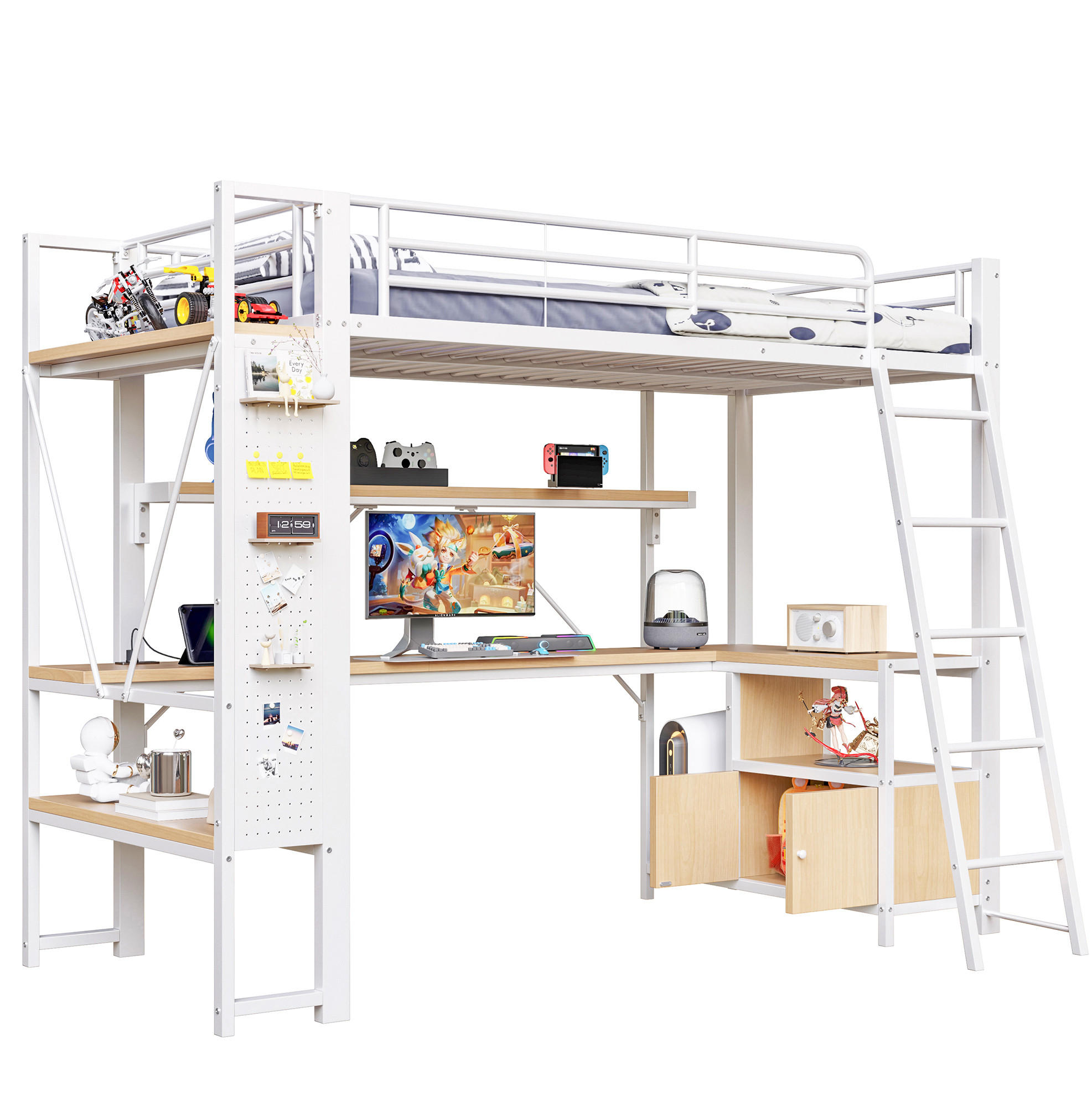 HOCHBETT 90/200 cm Weiß aus Metall und MDF mit Schreibtisch - Weiß, Metall (90/200cm) - OKMYHOME