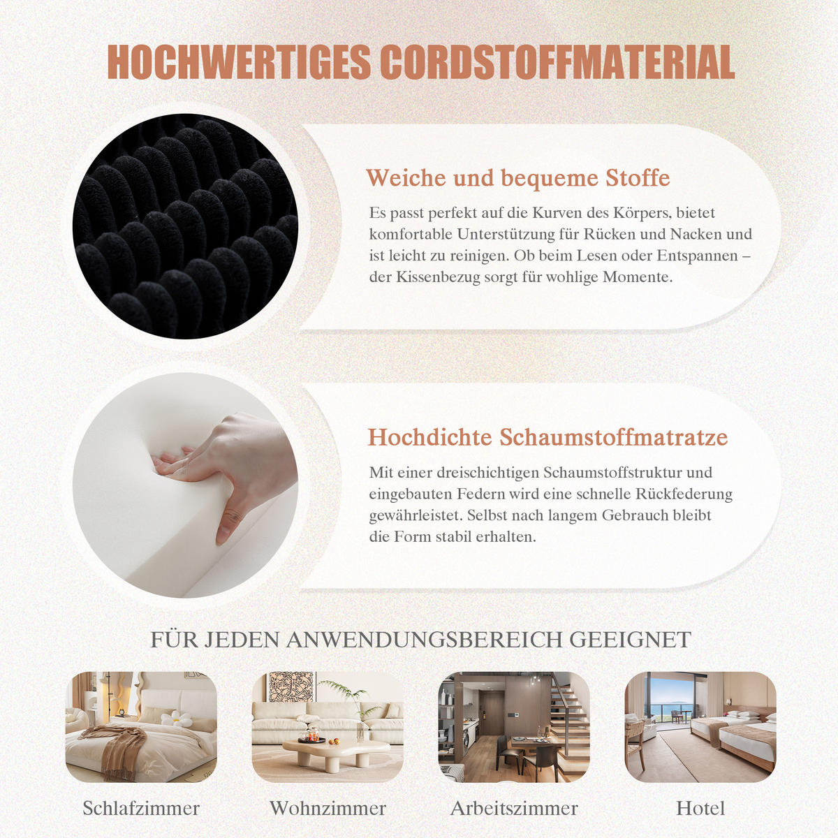 2-SITZER SOFA Cord Schwarz mit Kissen und Seitentaschen - Schwarz, Textil (191/85/94cm) - WISHDOR