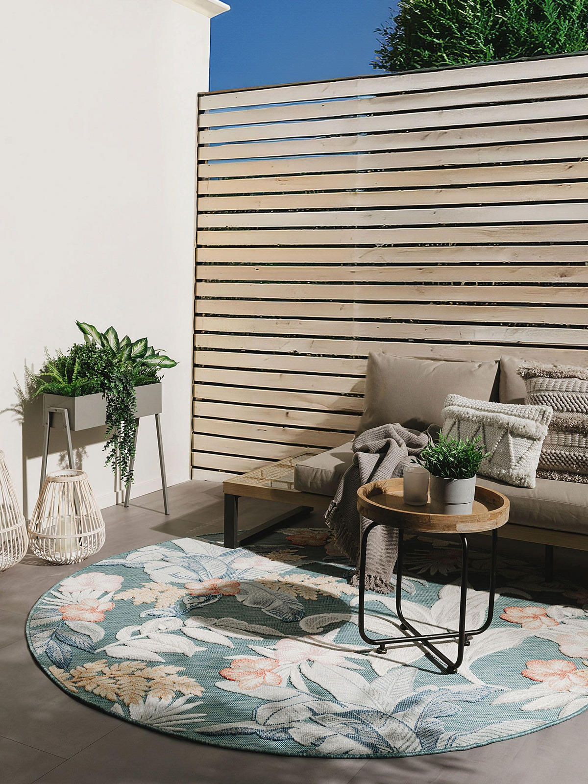 OUTDOORTEPPICH Flora Multicolor ø 200 cm rund - Blau/Creme, Kunststoff (200/200cm) - benuta
