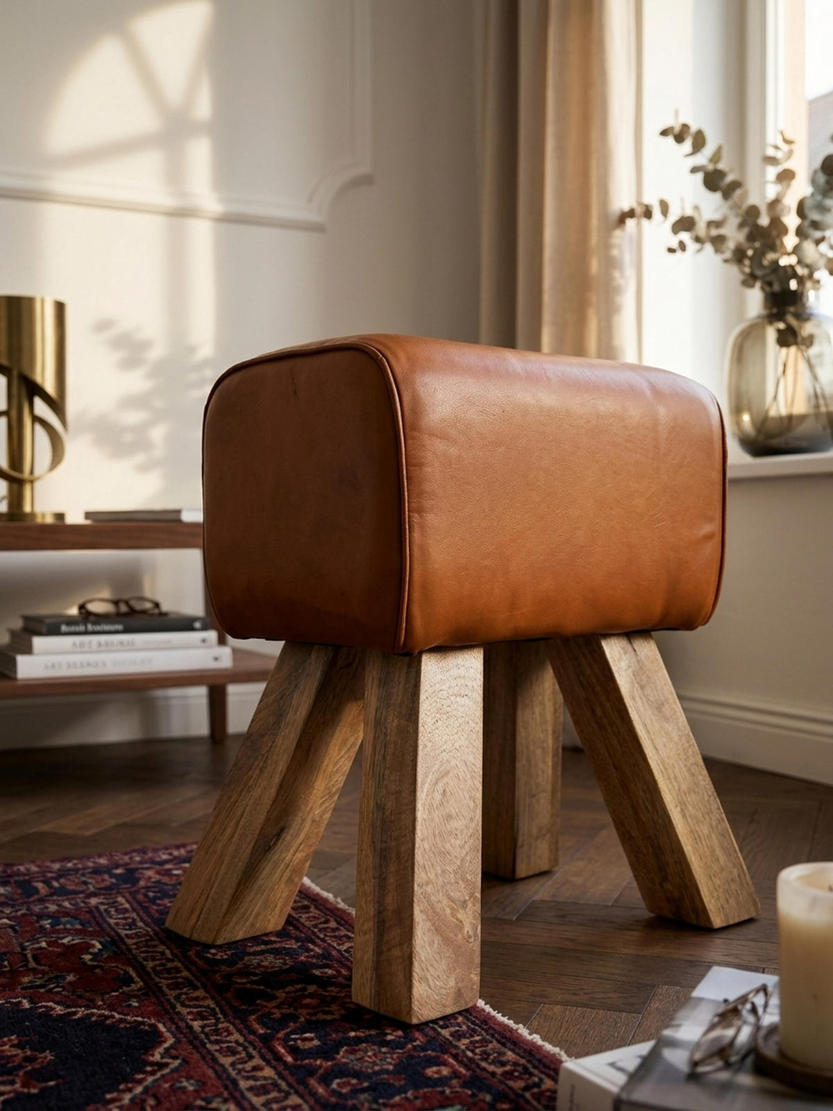 SITZHOCKER Retro Landhaus Holzbeine, Braun 40x30x47 cm - Braun, Mangoholz/Leder (40/47/30cm) - KADIMA DESIGN