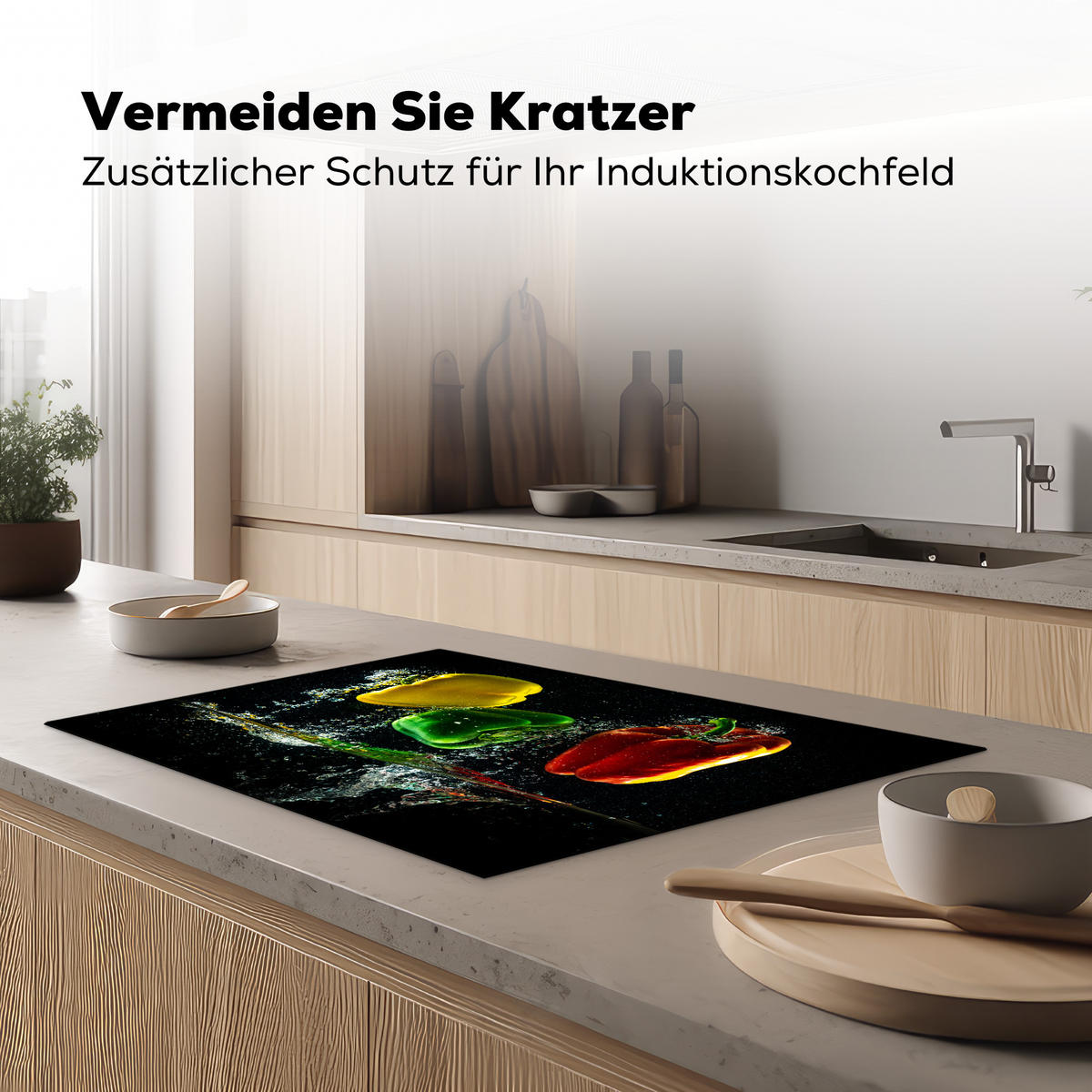 HERDABDECKPLATTE Paprika - Gemüse - Wasser - Schwarz - Rot - Grün - Gelb Ceranfeldabdeckung 76x51.5 cm - Multicolor, Kunststoff (76/51.5/0.2cm) - MuchoWow
