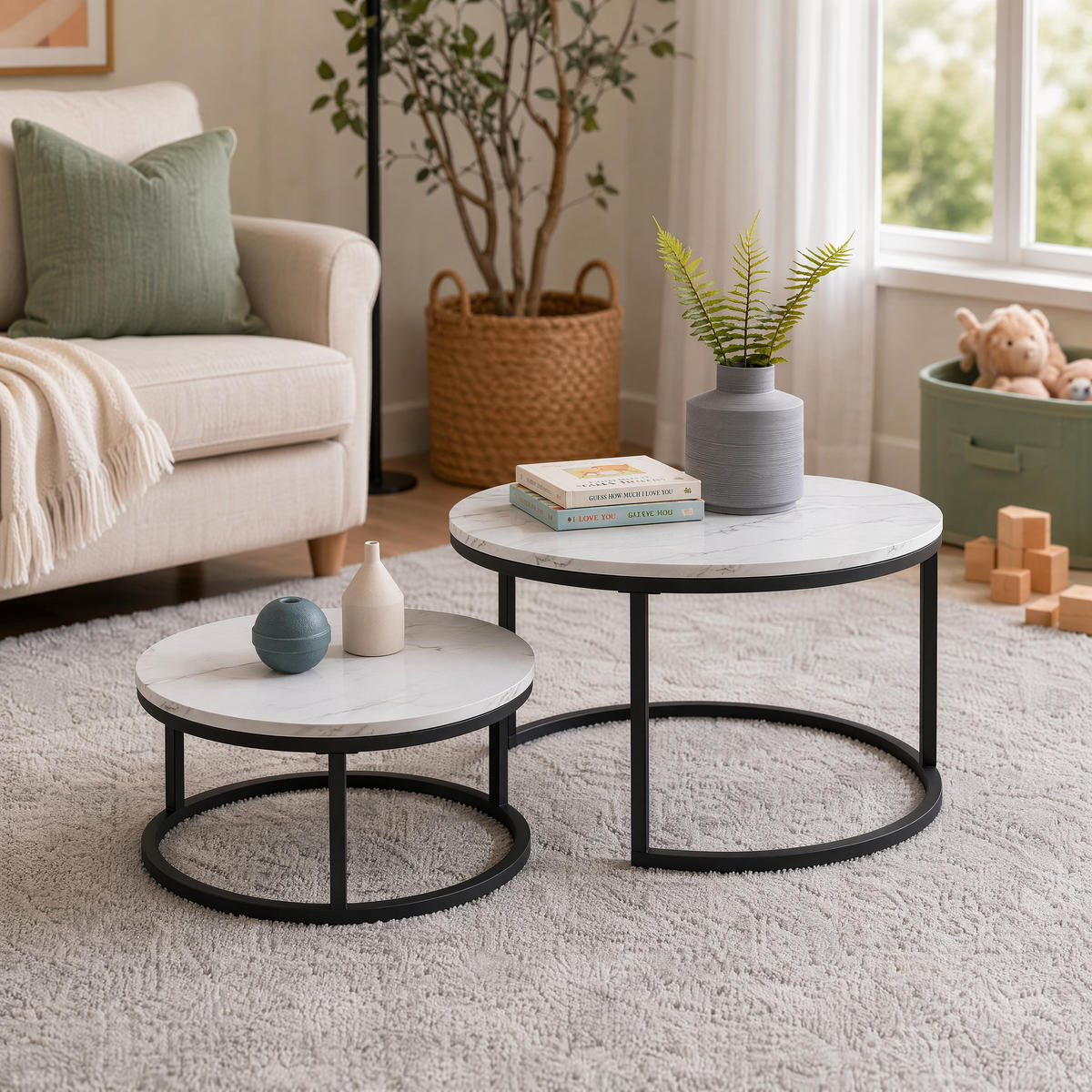COUCHTISCH 2-TEILIG Rund Weiß Schwarz Metall Tischset Wohnzimmer - Multicolor, Holz (80/60/45cm) - SHOPENTRA