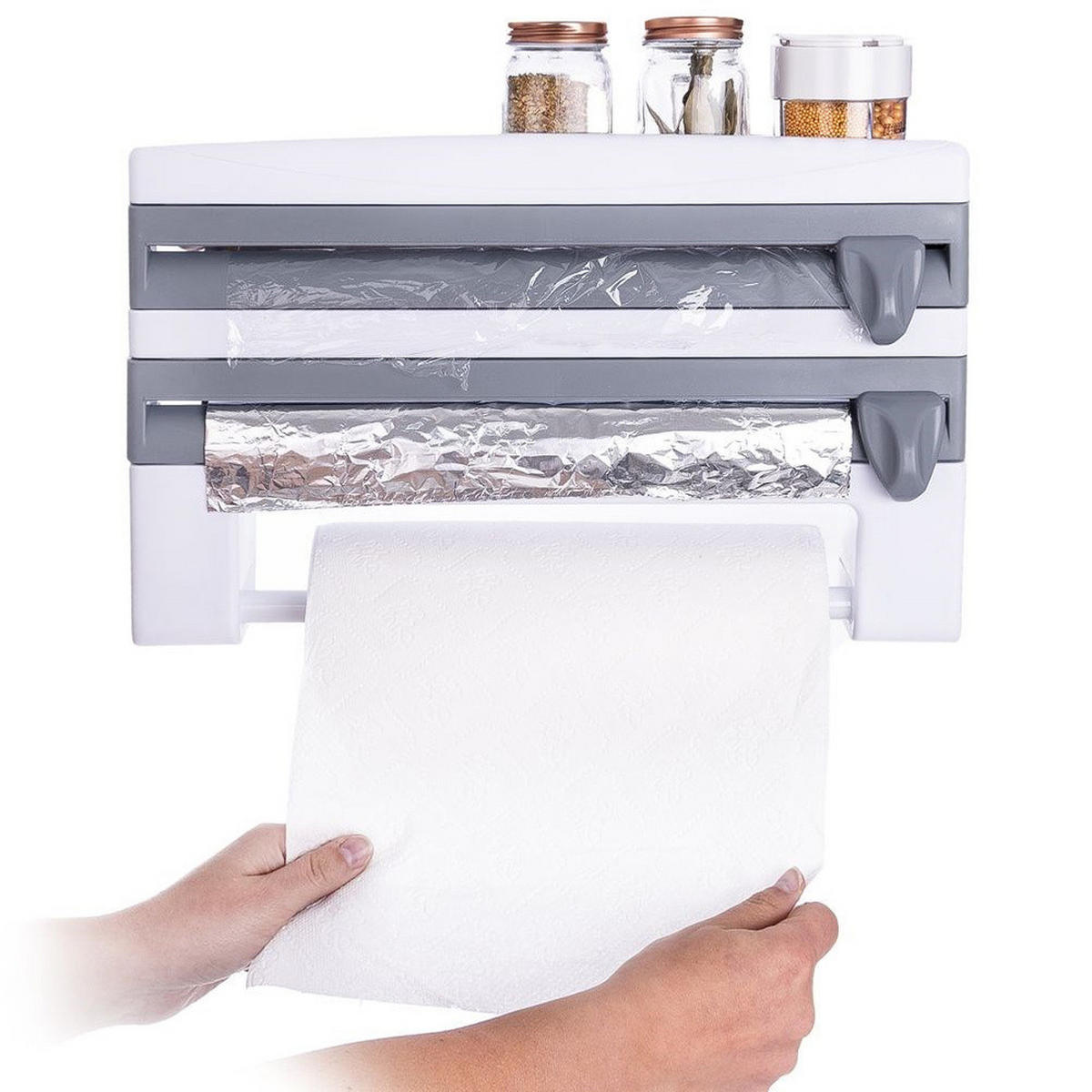 KÜCHENROLLENHALTER 3-in-1 Wandmontage 38 cm Weiß-Grau - Multicolor, Kunststoff (38/25/8cm) - Orion 