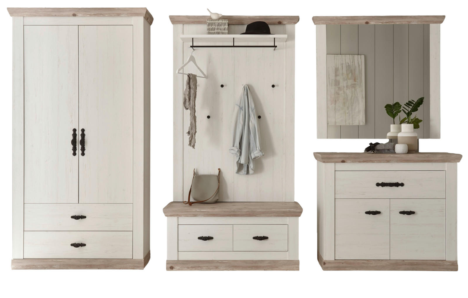 GARDEROBENKOMBINATION Pinie weiß, Oslo Pinie Landhaus, Garderobe Set 5-tlg., 341 x 201 cm - Weiß/Pinienfarben, Holzwerkstoff/Metall (341/201/45cm) - Furn.Design