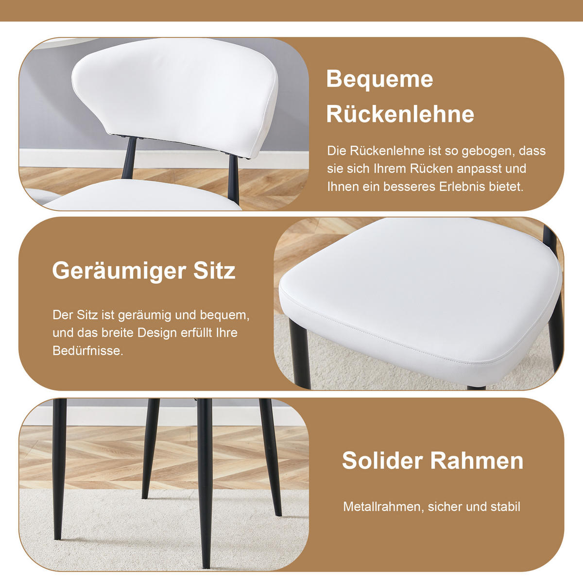 ESSGRUPPE DE-39356 5-teilig, mit 4 PU-Sesseln und Glasintarsie Braun/Weiß - Weiß, Metall (100/76/100cm) - ComfortXL