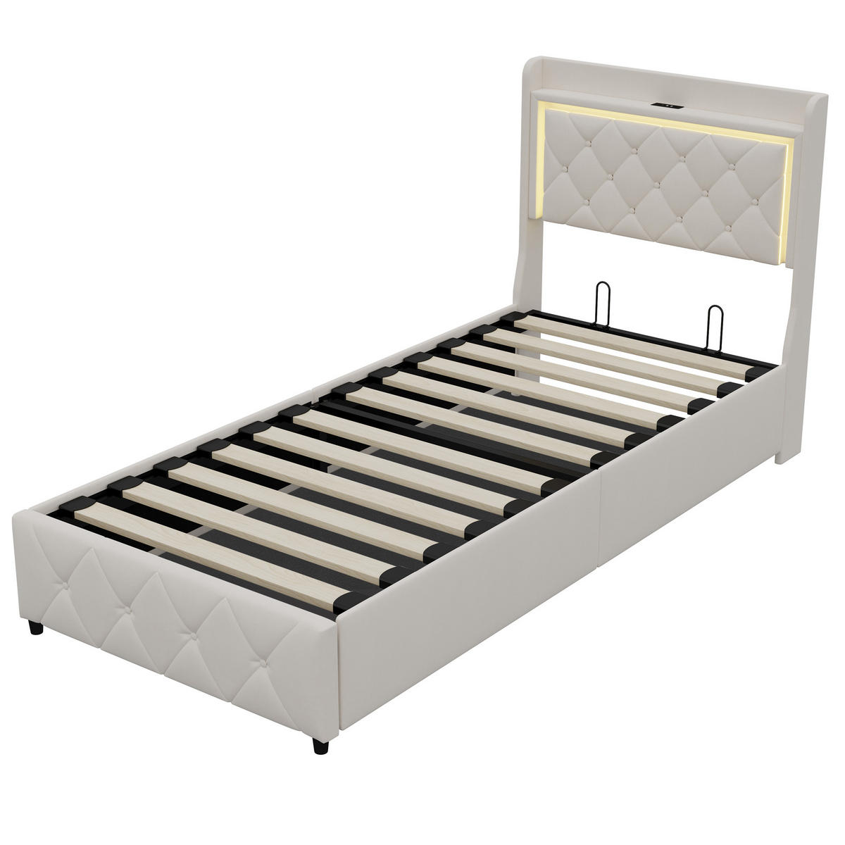 POLSTERBETT 90x200 cm Beige mit LED, Stauraumkopfteil & USB-C - Beige, Holz (90/200cm)