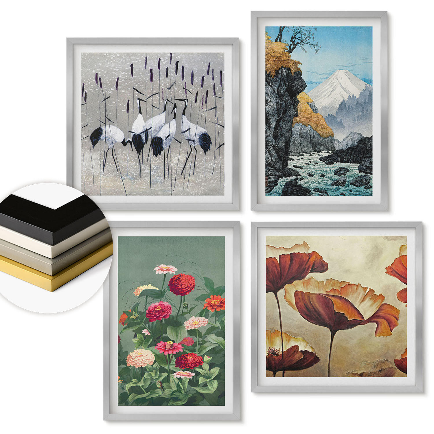 WANDBILDER 4er Set - 50x50 cm & 40x60 cm Silberner Rahmen - Berge, Wasserfälle, Vögel, Blumen - Silberfarben, Kunststoff (50/50cm) - ArtPrintCave