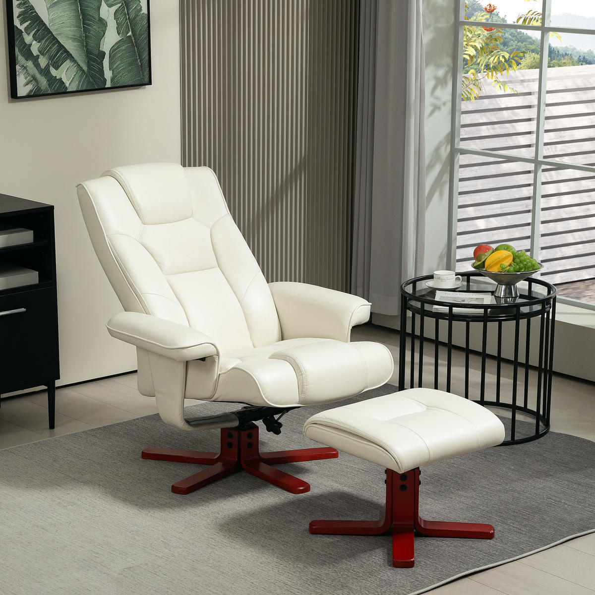 RELAXSESSEL mit Hocker, Fernsehsessel mit Liegefunktion, Wippfunktion, Cremeweiß - Creme/Dunkelrot, Leder/Holz (84/104/84cm) - HOMCOM