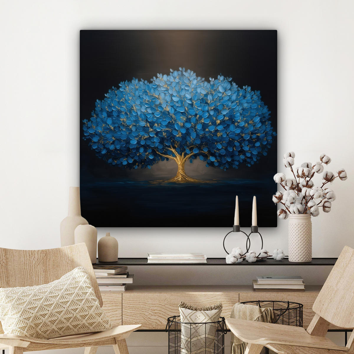 LEINWANDBILD Baum - Blau - Blätter - Pinselstriche Deko Groß 90x90 cm - Blau, Textil (90/90cm) - MuchoWow