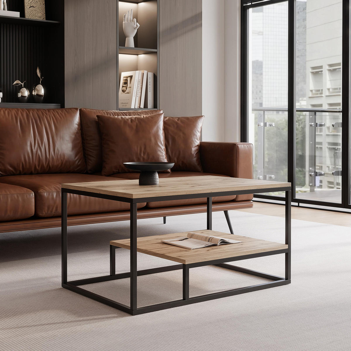 COUCHTISCH LETO 90/68/48 cm, rechteckig, Schwarz / Wotan-Eiche - Eiche Wotan/Schwarz, Holzwerkstoff/Metall (68/90/48cm) - Idohome
