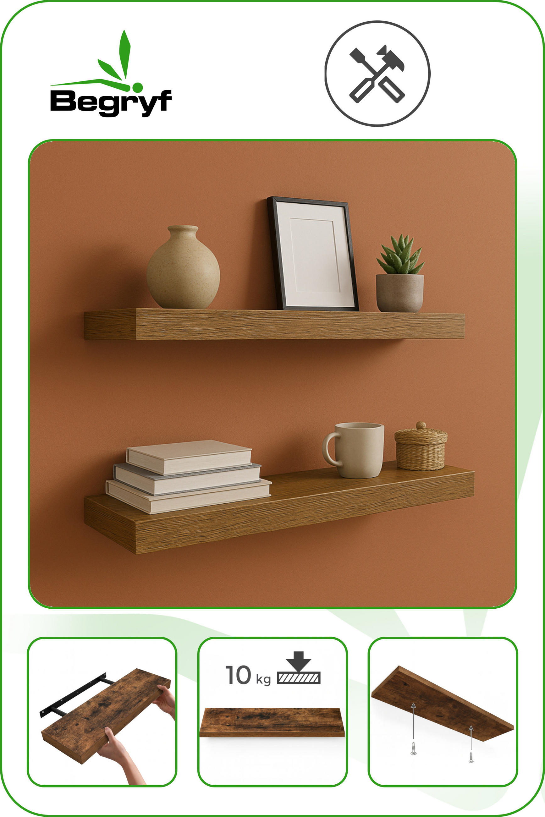 WANDREGAL Holzoptik Dunkelbraun 2er Set 60x20x4 cm - Dunkelbraun, Holzwerkstoff/Metall (60/3.8/20cm) - Begryf