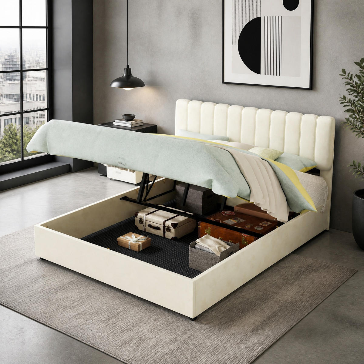 POLSTERBETT 160/200 mit Bettkasten und Gaslift in Beige - Beige, Holzwerkstoff/Textil (160/200cm) - EVRYAE