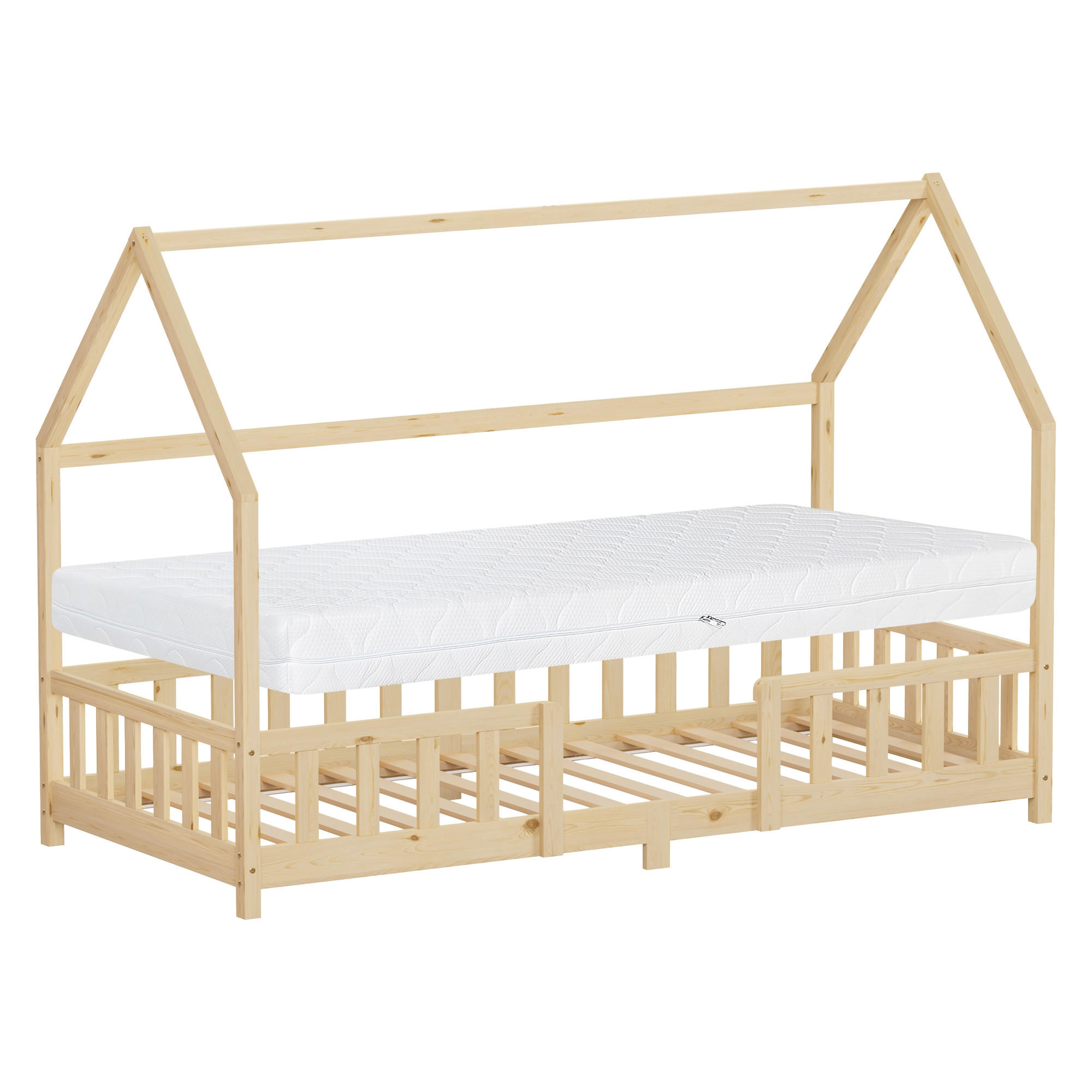 ML-DESIGN DĚTSKÁ postel 90x200 cm s matrací a ochrannou bočnicí, přírodní borovicové dřevo