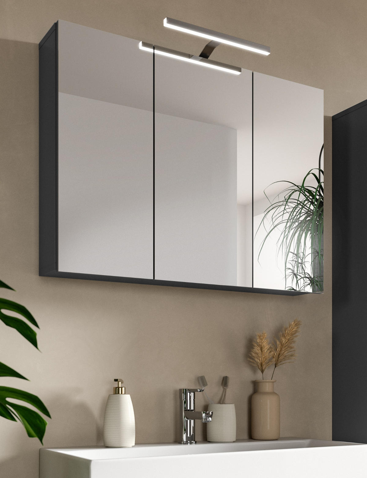 SPIEGELSCHRANK grau 80 cm, Badschrank 3-türig mit Soft-Close - Grau, Glas/Holzwerkstoff (80/60/15cm) - Inn.Furn