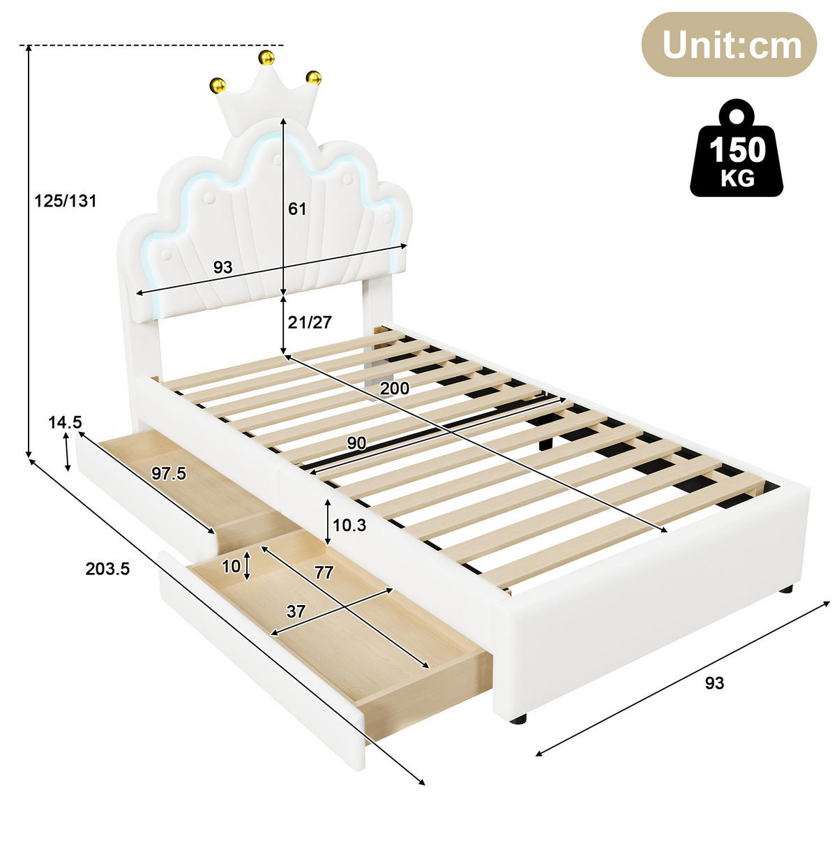 KINDERBETT 90/200 cm in Weiß mit LED-Licht, 2 Schubladen und verstellbarem Kopfteil - Weiß, Leder (90/200cm) - BEAOK